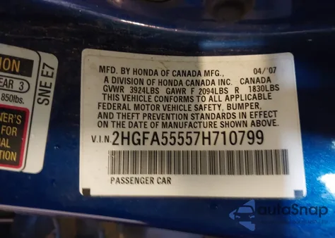 2007 Honda Civic Si from USA, damaged, VIN 2HGFA55557H710799